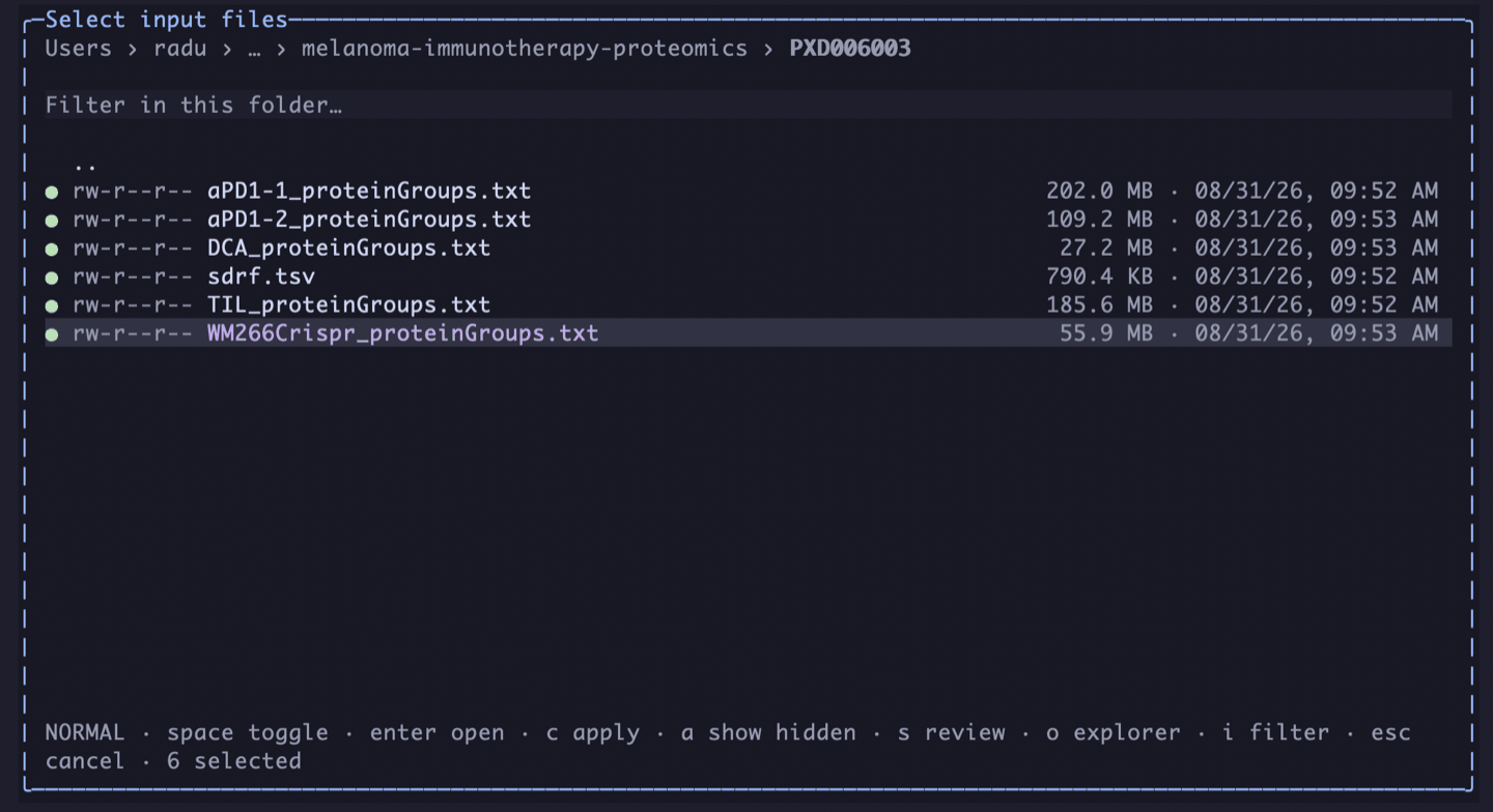 The Inflexa file picker with all six PXD006003 files selected