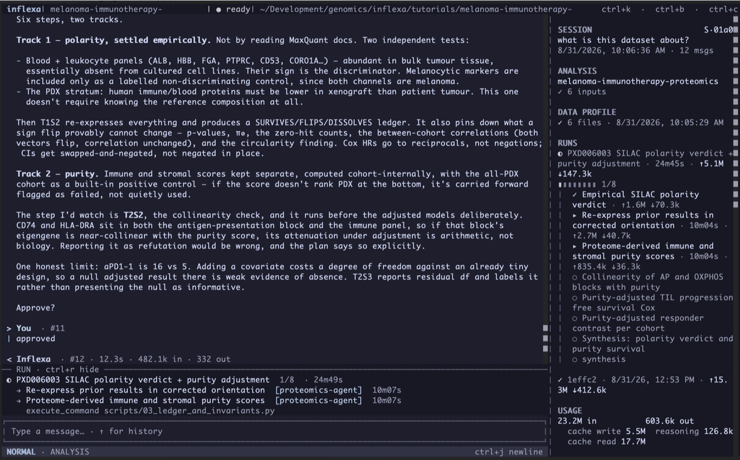 The full Inflexa workspace with the second run executing and the provenance rail on the right