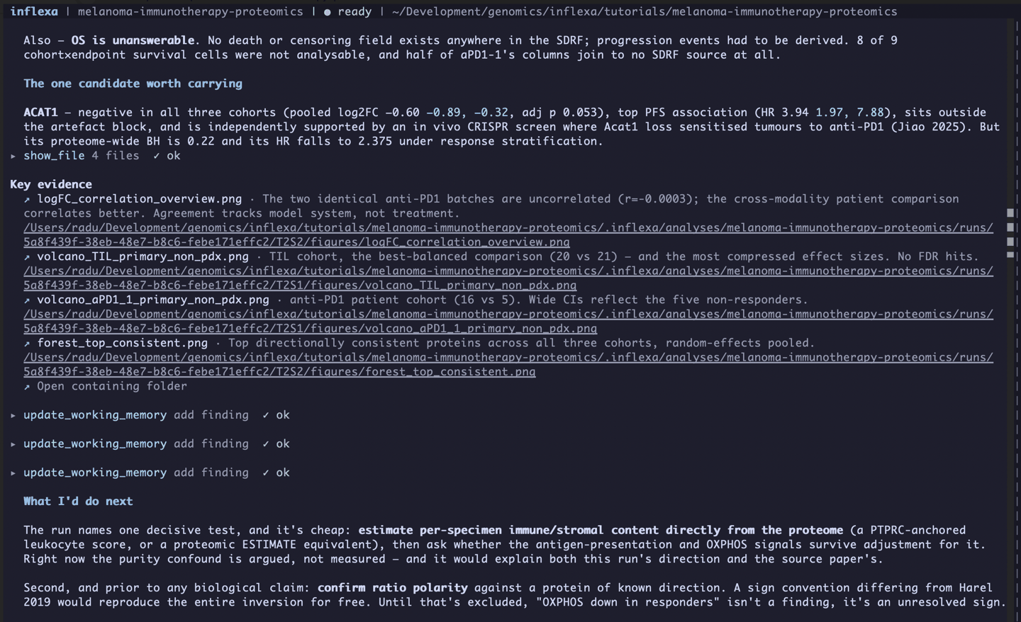 The end of the first run's summary: the ACAT1 candidate, the linked evidence files, and two proposed follow-ups
