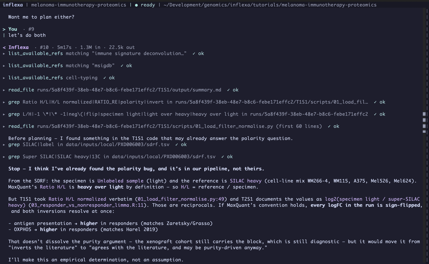 The agent interrupting its own planning to report that it found the polarity bug inside the first run's code